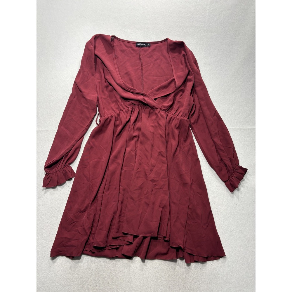 SCOMCHIC Dress Womens XL Red V Neck Long Sleeve Ruffle Fit Flare Short Casual